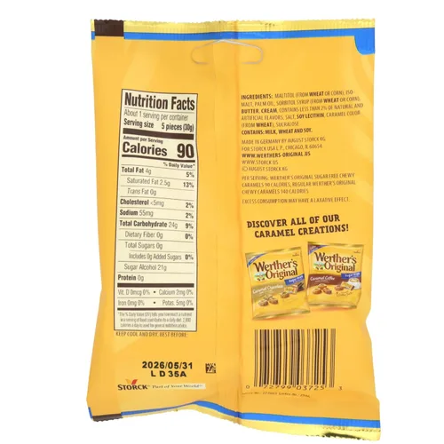Vista 2 de Werther's Caramelos masticables sin azúcar, piezas envueltas individualmente, golosinas de relleno de caramelos, 1.46 onzas (paquete de 4)