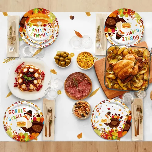 Vista 4 de Kit de suministros para fiesta de Acción de Gracias con pavo de Gatherfun - Set de vajilla desechable con temática de otoño con platos, servilletas