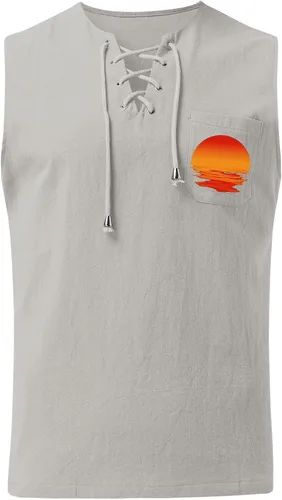 Vista 2 de EELHOE Mens Tank Tops Lightweight Fashionable Relaxed Fit Leisure Soft Lace Up Sleeveless Shirt Stylish Summer Vest