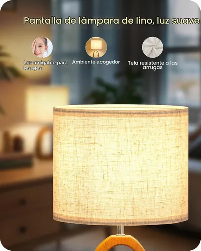 Vista 4 de LE07TLP205 - Juego de 2 lámparas de mesa de madera, lámpara de noche pequeña de 14.2 pulgadas con pantalla de lino beige y base de madera de perlado