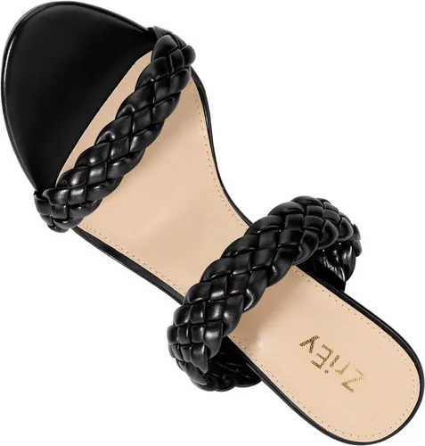 Vista 4 de ZriEy Tacones gruesos de bloque para mujer, sandalias de tacón trenzado de 3.35 pulgadas, puntera abierta, dos correas de tacón deslizante