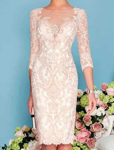 Vista 2 de Mother-of-The-Bride-Dresses-for-Wedding Lace Knee Length Chiffon Gowns Dresses 34 Length Sleeves Lace Formal Gowns