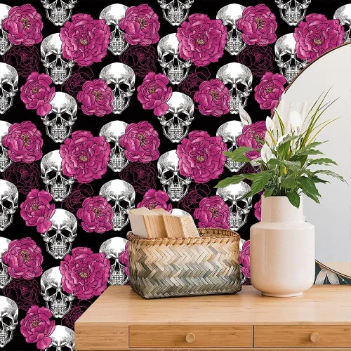 Vista 2 de Sugar Skull Penoy Papel Tapiz Floral de Despegar y Pegar para Dormitorio Negro/Blanco/Rojo Papel de Contacto Removible Decoraciones de Pared