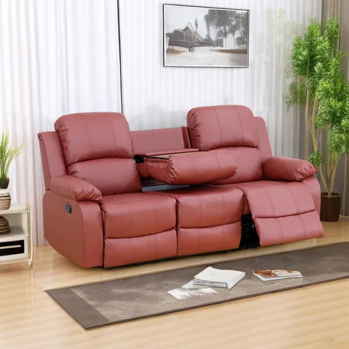 Vista 11 de Sofá reclinable manual de cuero para muebles de sala de estar, sofá reclinable de 78 pulgadas con mesa abatible, portavasos y sofá de cuero