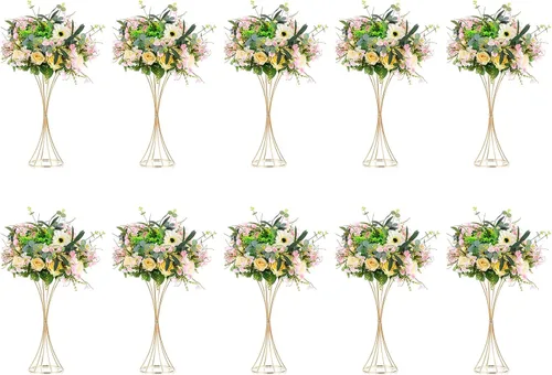Vista 8 de NUPTIO 2 centros de mesa de boda para mesas, jarrón de trompeta de metal de 19.7 pulgadas de alto, jarrones dorados para centros de mesa, estante