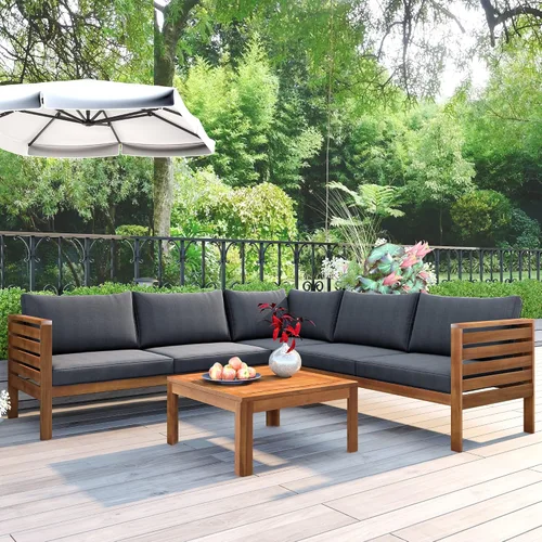 Vista 10 de Juego de 4 muebles de patio al aire libre, sofá seccional de madera de acacia con asiento cojines beige, asiento de conversación seccional