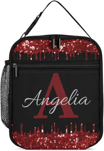 Vista 13 de Bolsa de almuerzo con nombre personalizado para hombres y mujeres, con monograma de purpurina azul, hielera, portátil, con nombre, para niñas
