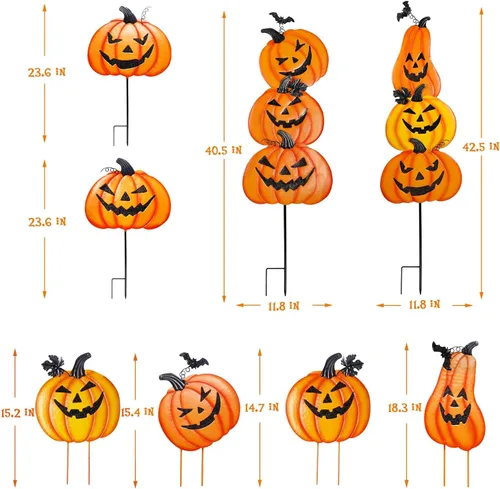Vista 3 de Juegoal Paquete de 2 estacas de jardín de Halloween, calabazas de metal apiladas, decoración de césped Jack-o-Lantern, letreros de patio decorativos