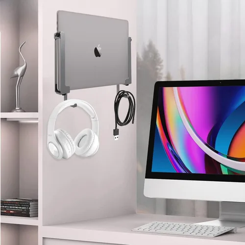Vista 6 de IFCASE Soporte de pared de aluminio para laptop para MacBook Air, Pro, Surface, iPad, tabletas, teléfonos celulares con gancho para auriculares