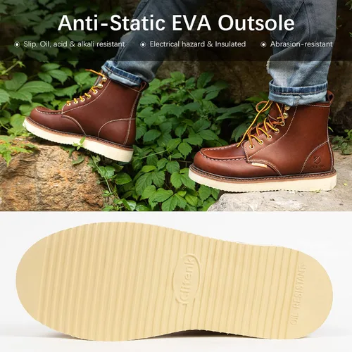 Vista 4 de Men's 6" Soft Toe Work Boots Full Grain Leather Moc Toe Waterproof Wedge Sole Comfortable Construction Boots