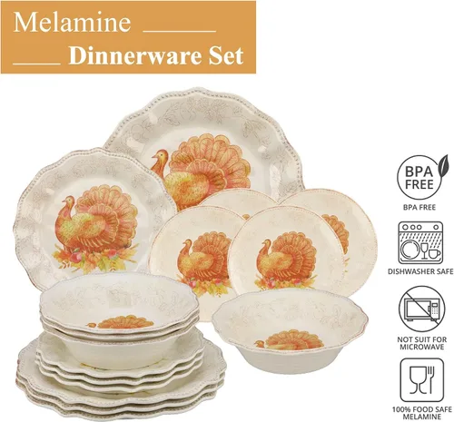 Vista 3 de UP ware - Juego de vajilla de melamina de pavo con purpurina de 16 piezas, juego de platos para exteriores, juegos de platos y cuencos, decoraciones