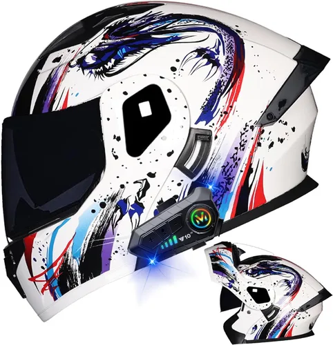Vista 22 de Casco modular Bluetooth para motocicleta, aprobado por DOT, de cara completa, abatible, antivaho, doble visera, casco de motocicleta de calle, LENTE