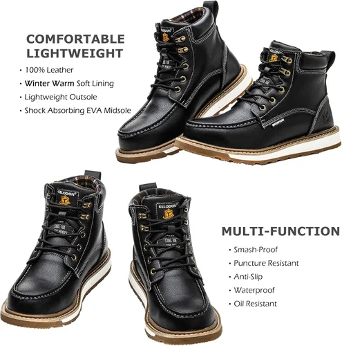 Vista 5 de KELODON Botas impermeables con punta de acero para hombres, botas de trabajo de cuero de 6 pulgadas, botas de construcción indestructibles, botas