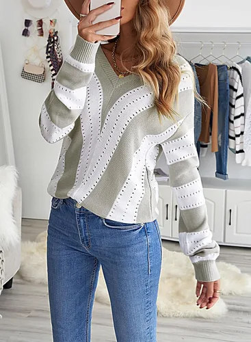 Vista 2 de EVALESS Suéteres para mujer, manga sexy, cuello en V profundo, casual, tejido a rayas