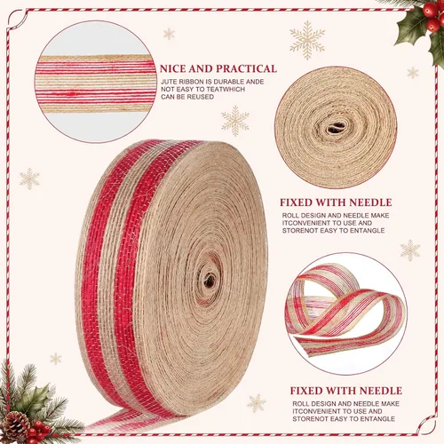 Vista 4 de Rtteri 98.4 ft Christmas Burlap Ribbon Roll DIY, Red, 1.5 Inch Wide