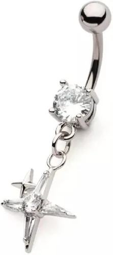 Vista 2 de 14GA 316L acero inoxidable CZ cristal puntiagudo cruz colgando ombligo anillo, Metal, circonita
