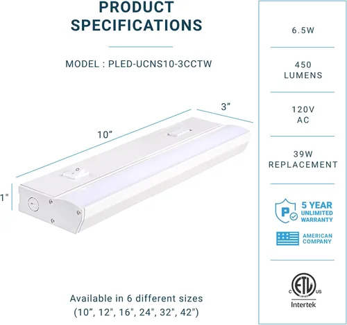Vista 2 de PARMIDA - Iluminación LED para debajo del gabinete, instalación cableada, 10 pulgadas, 6.5 W, 5CCT seleccionable por color, 2700 K/3000 K/4000