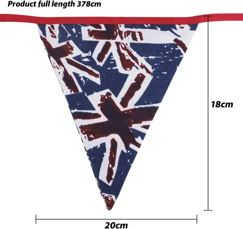 Vista 5 de Bandera de lona de 12 pies de largo con 12 banderas triangulares, banderines británicos, decoración de fiesta, bandera patriótica británica
