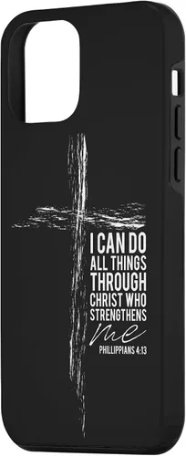 Vista 2 de iPhone 12 mini versículo religioso cruz teléfono casos hombres papá Filipenses 4:13 caso