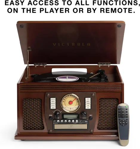 Vista 3 de Victrola Navigator 8 en 1 Reproductor clásico de discos Bluetooth con codificación USB y tocadiscos de 3 velocidades Individual Negro