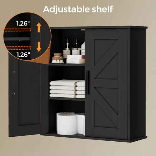 Vista 5 de Homleke Armario de pared para baño, armario de almacenamiento sobre inodoro con puertas de granero y estantes ajustables, botiquín de 3 niveles