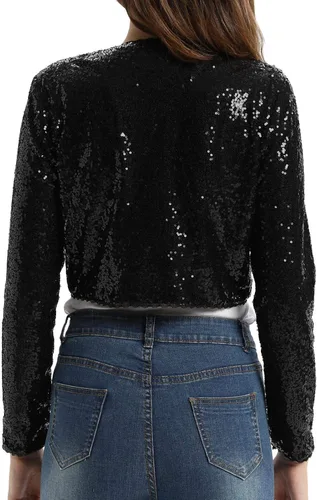 Vista 4 de Belle Poque Chaqueta de lentejuelas para mujer, manga larga, frente abierto, purpurina, recortada, bolero, talla S-XXL