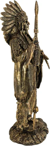 Vista 4 de Ebros nativo americano indio guerrero tribal jefe con tocado de batalla sosteniendo lanza y estatua de pipa Chalumet como decoración del hogar