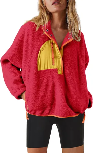 Vista 43 de Nirovien - Chaqueta de forro polar con capucha para mujer, manga larga, sherpa, sudadera mullida, abrigada, con botones y bolsillos Un rosa