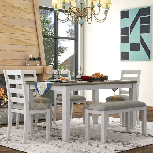 Vista 10 de Harper & Bright Designs Juego de mesa de comedor de granja de 6 piezas con banco, mesa de comedor de madera con 4 sillas y un banco para cocina