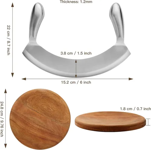 Vista 5 de Cuchillo Mezzaluna de 8.7 pulgadas con tabla de cortar de madera, cortador de ensalada de acero inoxidable, cortador de pizza, cuchillo basculante