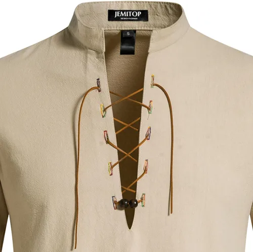 Vista 44 de JEMITOP Men's Pure Cotton Renaissance Lace Up Shirt Verde militar