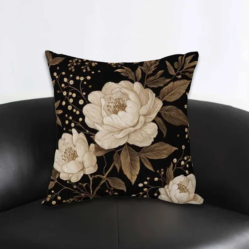 Vista 2 de AOYEGO Funda de almohada con diseño de peonías y rosas, hojas de flores doradas y blancas, follaje, bayas, estilo oriental, lujosa, 18 x 18