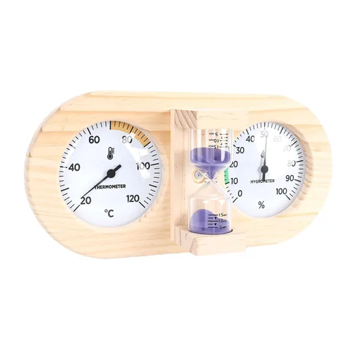 Vista 4 de Haofy Wooden Sauna Thermometer Hygrometer, Dual Dial Design with Sand Timer Function for Home and Commercial Sauna Rooms