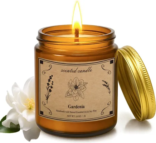 Vista 6 de Velas perfumadas, vela de cera de soja de tarro grande de 16 oz – Ámbar y sándalo con mezcla premium de cera vegetal para una combustión constante