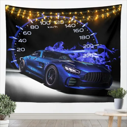 Vista 3 de Feelyou Tapiz deportivo azul y amarillo para colgar en la pared, tapiz de coche de carreras para niños y niños, tapiz de pared deportivo