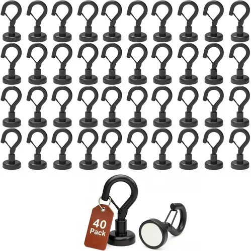 Vista 20 de Ant Mag Ganchos magnéticos negros resistentes con broche de presión de 22 libras, ganchos magnéticos fuertes, ideales para colgar en refrigerador
