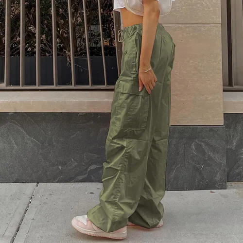 Vista 3 de Pantalones cargo para mujer con bolsillos, casuales, sueltos, con cordón, holgados, cintura baja, pantalones de hip hop, pantalones deportivos Y2k