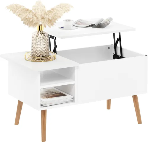 Vista 11 de Furinno Jensen - Mesa auxiliar de madera con parte superior elevadora de patas con compartimento oculto y estante lateral abierto para sala