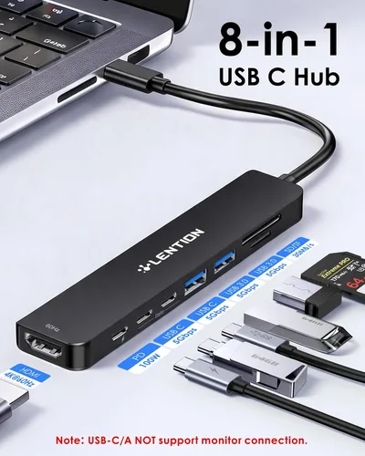 Vista 2 de LENTION USB-C Hub, 4K@60Hz HDMI, 100W PD, 2 USB-C, 2 USB 3.0, Card Reader