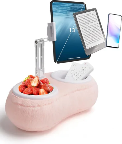 Vista 8 de SHUWEI Almohada para Kindle de regazo, soporte ajustable de aluminio con brazos y cuencos para aperitivos, clip giratorio de 360° para Kindle de Azul