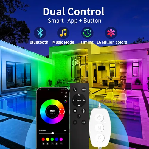 Vista 2 de KSIPZE Tira de luces LED de 15,5 m para exteriores, impermeable IP68, luces LED RGB para exteriores con botón y control de aplicación Bluetooth