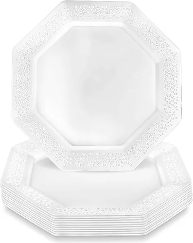 Vista 6 de Lillian Tablesettings Platos de plástico, 11 paquete de 10 platos de lacetágono, 11 pulgadas, blanco perla (34591)