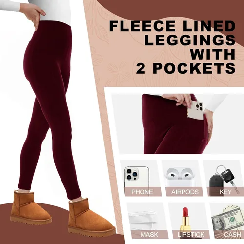 Vista 2 de Opuntia Paquete de 2 leggings de cintura alta con forro polar para mujer, pantalones cálidos de invierno, control de abdomen, yoga, senderismo