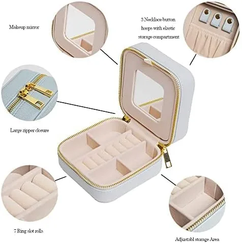 Vista 2 de Joyero de cuero personalizable con espejo, estuche de joyería de viaje, organizador de joyas de viaje, joyero para mujeres y niñas, organizador