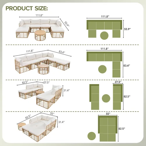 Vista 4 de Juego de 7 muebles de patio al aire libre, juego de sofá modular de ratán para todo tipo de clima con cojines gruesos y almohadas, mesa de centro