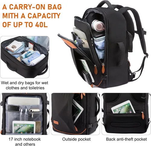 Vista 5 de LOVEVOOK Mochila de Mano, Mochila de Viaje Grande de 45L para Mujeres y Hombres Aprobada por Aerolíneas, Mochilas de Maleta Grandes Expandibles Con