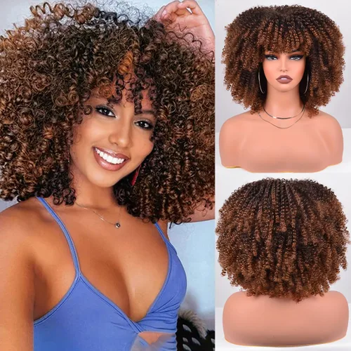 Vista 42 de Vitorish Peluca corta afro rizada con flequillo para mujeres negras, peluca sintética resistente al calor, color negro natural, para uso diario