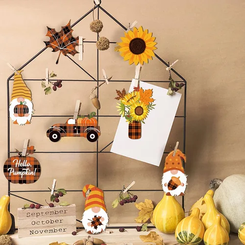 Vista 2 de Weysat 24 adornos de otoño para árbol de Acción de Gracias, gnomos de madera, adornos colgantes de gnomos de girasol, decoración de madera