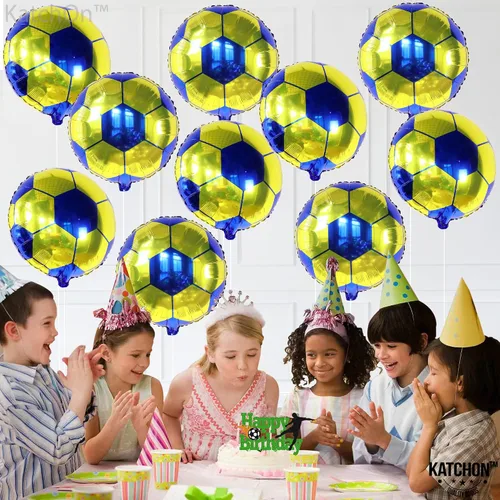Vista 2 de Paquete de 20 globos metálicos de fútbol de 18 pulgadas, suministros de fiesta de cumpleaños de fútbol, globos redondos de papel de aluminio de bola