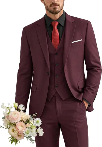 Vista 30 de Traje de 3 piezas para hombre con corbata, chaleco sólido de un botón y beige (529-beige)